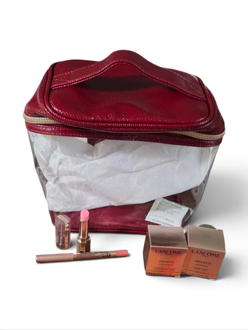 Lancome Red Clear Cosmetic Travel Bag, Lipstick, Liner, Eye Cream, Face Cream